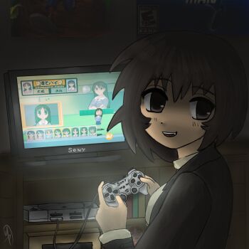 absurdres azumanga_daioh's_school_uniform azumanga_daiou azumanga_donjara_daioh breasts brown_eyes brown_hair controller crash_bandicoot_(series) dark-skinned_female dark_skin dualshock game_console game_controller game_poster gamepad highres holding holding_controller holding_game_controller jacket kagura_(azumanga_daioh) kasuga_ayumu kurosawa_minamo looking_at_viewer mihama_chiyo mr_pitusas open_mouth pepsiman_(game) playing_games playstation_1 playstation_controller poster_(object) sakaki_(azumanga_daioh) school_uniform smile sony takino_tomo tanizaki_yukari turtleneck