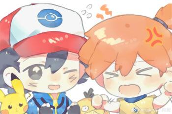 >_< 1boy 1girl ? absurdres anger_vein angry artist_request ash_ketchum baseball_cap black_eyes black_gloves black_hair blue_jacket blush chibi clenched_hands closed_eyes fingerless_gloves flying_sweatdrops gen_1_pokemon gloves hair_between_eyes hair_tie hands_up hat highres jacket misty_(pokemon) nintendo one_eye_closed open_mouth orange_hair pikachu pokemon pokemon_(anime) pokemon_(creature) pokemon_rse_(anime) psyduck shirt short_hair short_sleeves side_ponytail source_request upper_body yellow_shirt