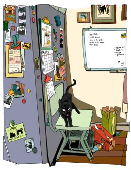 absurdly_detailed_composition absurdres black_cat bothpalms box bulletin_board calendar_(object) cat chair greeting_card highres kitchenette loaded_interior magnet meowing on_chair original photo_(object) refrigerator refrigerator_magnet scenery step_stool wide-eyed
