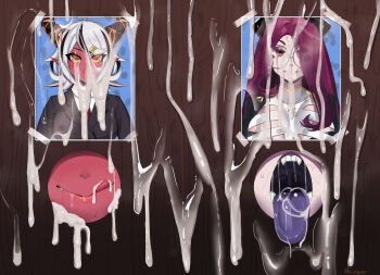 2girls after_fellatio ahoge black_hair breasts bubble bukkake cleavage closed_mouth colored_sclera colored_skin colored_tongue commentary cum cum_in_mouth demon_girl demon_horns demon_wings english_commentary fangs formal_clothes freckles giwi_(vtuber) glasses glory_hole hair_ornament heart heart_hair_ornament highres horns imakuni_(vtuber) imminent_fellatio implied_after_fellatio indie_virtual_youtuber jewelry long_hair long_tongue monster_girl multicolored_hair multiple_girls necklace necktie nicoguer open_mouth orange_eyes pointy_ears purple_tongue red_eyes red_hair red_skin round_eyewear shirt short_hair smile stray_pubic_hair streaked_hair suit swallowing tongue virtual_youtuber white_hair white_shirt wings wooden_wall worm_girl yellow_sclera