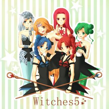 Rule 34 | 6+girls, bishoujo senshi sailor moon, bishoujo senshi sailor moon s, blue eyes, blue hair, bracelet, brown eyes, brown hair, choker, cyprine (sailor moon), double bun, dress, earrings, eudial (sailor moon), green eyes, green hair, grey eyes, hair bun, hand on own chin, jewelry, kisaragi yui, long hair, mimete (sailor moon), multiple girls, one eye closed, pantyhose, ptilol (sailor moon), red eyes, red hair, short hair, silver hair, smile, staff, star (symbol), tellu (sailor moon), tiara, viluy (sailor moon), waving, wink, witches 5