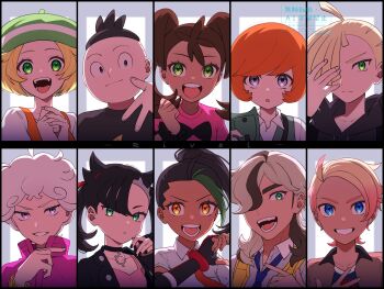 4girls 6+boys :d :o ahoge arven_(pokemon) asymmetrical_bangs bede_(pokemon) beret bianca_(pokemon) black_collar black_gloves black_hair black_jacket black_nails blonde_hair blue_eyes brown_hair closed_mouth coat collar collarbone collared_shirt commentary_request curly_hair eyelashes fingerless_gloves gladion_(pokemon) gloves green_eyes green_hat green_vest grin hair_over_one_eye hand_up hands_up hat highres holding jacket marnie_(pokemon) multiple_boys multiple_girls nail_polish nemona_(pokemon) nintendo open_mouth orange_hair orange_vest own_hands_together pink_shirt pokemon pokemon_black_and_white pokemon_legends:_z-a pokemon_scarlet_and_violet pokemon_sun_and_moon pokemon_sword_and_shield pokemon_x_and_y purple_coat shauna_(pokemon) shirt short_hair smile teeth tierno_(pokemon) toi_(nisanrei121) trevor_(pokemon) twintails upper_teeth_only urbain_(pokemon) vest white_shirt