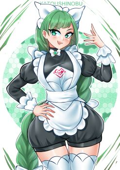 1girl :d absurdres apron aqua_eyes artist_name black_romper bow bowtie commentary ear_piercing english_commentary green_hair hair_bow hand_on_own_hip hand_up highres katou_shinobu lebanne_(pokemon) long_hair long_sleeves maid maid_headdress nintendo open_mouth piercing pokemon pokemon_(creature) pokemon_legends:_z-a puffy_sleeves romper smile solo thighhighs white_bow white_bowtie white_thighhighs
