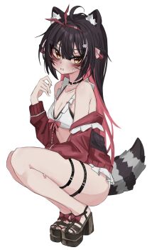 1girl absurdres ahoge akarinnndesu animal_ear_fluff animal_ears antenna_hair ass bandaid bandaid_on_face bandaid_on_leg bikini bikini_under_clothes black_bikini black_choker black_hair bow breasts brown_eyes choker cleavage colored_inner_hair commentary cropped_shirt english_commentary from_side full_body hair_ornament hair_ribbon high_heel_sandals high_heels highres indie_virtual_youtuber jacket long_hair long_sleeves looking_at_viewer multicolored_hair open_mouth pink_hair pink_ribbon raccoon_ears raccoon_girl raccoon_hair_ornament raccoon_tail raki_kazuki red_bow red_jacket ribbon sandals shirt simple_background skirt sleeveless sleeveless_shirt small_breasts solo squatting striped_tail swimsuit tail thigh_strap virtual_youtuber white_background white_shirt white_skirt