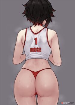 1girl ass black_hair bluefield from_behind highres ruby_rose rwby sportswear thong volleyball_uniform