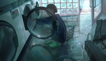 1girl absurdres blue_sweater brown_hair cellphone collared_shirt crocs dress_shirt earphones footprints glass highres holding_cloth in_79 indoors laundromat laundry laundry_basket open_door original phone pinstripe_pattern pinstripe_shirt shirt shorts smartphone solo squatting sweater table tile_floor tiles umbrella washing_machine window