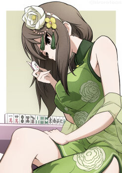 1girl brown_eyes brown_hair china_dress chinese_clothes crossed_legs dress ehirorotoon floral_print flower girls_und_panzer green_dress hair_flower hair_ornament hand_on_own_leg high_collar highres holding holding_mahjong_tile leaning_forward long_hair mahjong mahjong_tile medium_dress mika_(girls_und_panzer) no_headwear print_dress side_slit sitting sleeveless sleeveless_dress solo twitter_username