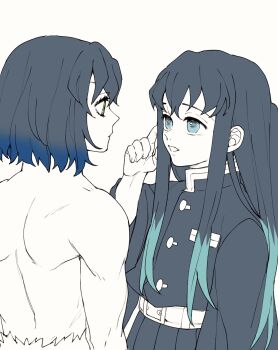 0_ebj 2boys aqua_eyes aqua_hair belt black_hair black_hakama black_pants buttons colored_tips commentary_request demon_slayer_uniform hair_between_eyes hakama hand_on_own_face hashibira_inosuke highres japanese_clothes kimetsu_no_yaiba long_hair long_sleeves male_focus multicolored_hair multiple_boys no_shirt open_mouth pants sidelocks simple_background tokitou_muichirou upper_body very_long_hair white_background white_belt yellow_eyes