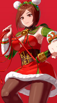 1girl bell belt bracelet breasts brown_hair christmas cleavage commentary_request dress fur-trimmed_dress fur_trim hair_ornament hairband highres holding holding_whip jewelry large_breasts looking_at_viewer merry_christmas neck_bell official_alternate_costume pantyhose red_background red_dress revision santa_costume santa_dress short_hair simple_background smile snk solo the_king_of_fighters the_king_of_fighters_all-stars whip whip_(kof) yagi2013