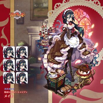 1girl apron asagiri_asagi book bookshelf boots breasts brown_corset brown_dress brown_shorts bundt_cake cake character_name colored_lineart corset cup dessert detached_sleeves disgaea dress food frilled_dress frills green_eyes hair_ornament highres long_hair looking_at_viewer low_ponytail macaron maid maid_apron maid_headdress makai_wars multiple_expressions official_alternate_costume official_alternate_hair_length official_alternate_hairstyle official_art pantyhose pinstripe_shorts ponytail promotional_art shorts showgirl_skirt skirt_hold small_breasts smile solo teacup tiered_tray x_hair_ornament