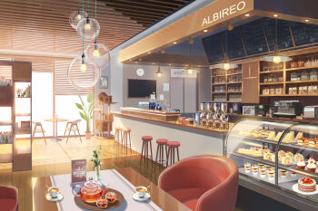 absurdres book cabinet cafe cake cake_slice cat_tower ceiling_light chair clock coffee_maker coffee_pot commentary_request counter cup cupcake display_case faucet flower food hanging_light highres indoors jar latte_art menu_board microwave no_humans original paper parfait pastry plant plate potted_plant rose scenery shelf sink stool sunlight table tea teacup teapot tray vase white_flower white_rose window window_blinds wooden_floor xi_chen_chen