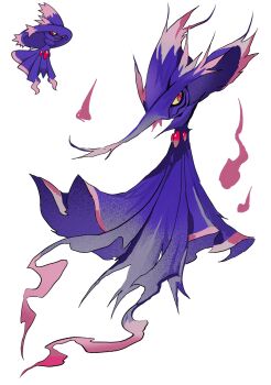 bairizuomeng colored_sclera commentary english_commentary floating full_body gem gen_4_pokemon ghost hat highres looking_at_viewer mismagius nintendo no_humans pokemon pokemon_(creature) pokemon_focus red_eyes red_gemstone reference_inset simple_background solo white_background will-o&#039;-the-wisp_(mythology) witch_hat yellow_sclera