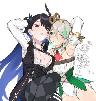 Rule 34 | 4girls, argyle clothes, argyle pantyhose, arm behind head, armpits, ascot, asymmetrical horns, black hair, black pantyhose, black thighhighs, black vest, blue hair, braid, breast strap, breasts, cecilia immergreen, cecilia immergreen (1st costume), clothing cutout, collared shirt, colored inner hair, commentary, corset, cross-laced clothes, cross-laced corset, dasdokter, detached collar, detached sleeves, doll, doll joints, double-parted bangs, dress shirt, english commentary, flat chest, flower, gigi murin, green corset, green eyes, green hair, grey hair, hair between eyes, hair ornament, highres, hololive, hololive english, horn flower, horns, joints, knee up, koseki bijou, large breasts, long hair, long sleeves, looking at viewer, mole, mole under eye, multicolored hair, multiple girls, nerissa ravencroft, nerissa ravencroft (1st costume), pantyhose, parted lips, partially unbuttoned, puffy long sleeves, puffy sleeves, purple eyes, red ascot, ribbed shirt, romper, shirt, short hair, shoulder cutout, side braid, single braid, single leg pantyhose, single thighhigh, sitting, slit pupils, strapless romper, streaked hair, sweat, thigh strap, thighhighs, uneven horns, very long hair, vest, virtual youtuber, white romper, white shirt, white sleeves, winding key