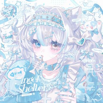 Rule 34 | 1girl, animal ears, blue eyes, blue hair, cat, cat ears, collar, english text, hair ornament, hairband, heterochromia, image sample, jileqizhanshi, long hair, looking at viewer, mihuashi sample, multicolored hair, original, solo, twintails, white hair