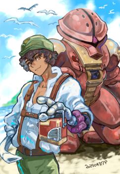 Rule 34 | 1girl, acguy, beach, bird, blue sky, brown overalls, cloud, daryl lorenz, day, gundam, gundam thunderbolt, highres, mechanical arms, mobile suit, mountainous horizon, ocean, okrdisk2000, overalls, seagull, shore, sky, water