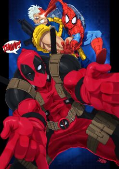 3boys absurdres black_bodysuit blue_bodysuit bodysuit cable_(marvel) clenched_teeth deadpool deadpool_(series) highres marvel multicolored_bodysuit multiple_boys red_bodysuit red_mask short_hair sound_effects speech_bubble spider-man spider-man_(series) teeth tovio_rogers two-tone_bodysuit white_hair