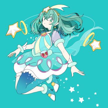 1girl absurdres anime_coloring anklet antennae aqua_background aqua_boots aqua_choker aqua_eyes aqua_hair aqua_shirt aqua_skirt aqua_theme back_bow bag_bow blue_bag blue_bow blue_shirt blue_skirt blue_thighhighs blush_stickers boots bow bracelet brooch bubble_skirt choker closed_mouth collarbone commentary_request crossed_bangs cure_milky dot_nose earrings expressionless floating_clothes floating_hair frilled_thighhighs frills full_body hagoromo_lala hair_between_eyes hair_ornament hairband high_heel_boots high_heels highres jewelry jumping layered_shirt layered_skirt light_frown long_hair magical_girl miniskirt mismatched_thighhighs orange_hairband pale_skin pink_bag pointy_ears precure puffy_short_sleeves puffy_sleeves purple_sleeves red_bow see-through_bow see-through_clothes see-through_skirt_layer see-through_sleeves shirt shooting_star_hair_ornament short_sleeves simple_background skirt solo star_(symbol) star_earrings star_hair_ornament star_twinkle_precure striped_clothes striped_shirt takahoshi_(yunch327) tareme thighhighs two-tone_bag waist_bag white_thighhighs