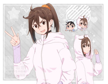 1boy 1girl 39_dayoo animal_ear_hood ayase_momo black_choker black_hair blush breasts brown_eyes brown_hair chibi chibi_inset choker crossed_bangs dandadan fake_animal_ears glasses grey_background hair_between_eyes hair_ornament hair_scrunchie hood hood_up long_hair medium_breasts multiple_views open_mouth orange_scrunchie round_eyewear scrunchie short_hair smile takakura_ken_(dandadan) v