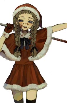 Rule 34 | 1girl, alternate costume, alternate hairstyle, blood, blood on face, braid, brown hair, commentary request, dress, eyelashes, gnosia, hair between eyes, hat, highres, hjm gn, kukrushka (gnosia), long hair, long sleeves, looking at viewer, low twin braids, santa costume, santa dress, santa hat, smile, solo, twin braids, wavy hair