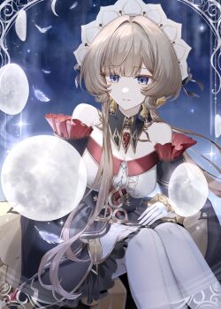 Rule 34 | 1girl, absurdres, bare shoulders, bird, black collar, black dress, blue eyes, bonnet, brown hair, collar, commentary request, detached collar, detached sleeves, dress, falling feathers, feathers, feet out of frame, frilled dress, frilled sleeves, frills, gem, genshin impact, gloves, hanamoti monawa, highres, long hair, long sleeves, moon phases, pantyhose, red gem, sandrone (genshin impact), sitting, sky, solo, star (sky), strapless, strapless dress, white bird, white gloves, white pantyhose