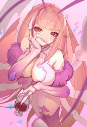 Rule 34 | 1girl, alcohol, breasts, cockroach girl, cup, drinking glass, huge breasts, looking at viewer, matara kan, matara kan (1st costume), mole, mole on breast, monster girl, perspective, pink hair, red eyes, smile, virtual youtuber, vshojo, wine, wine glass