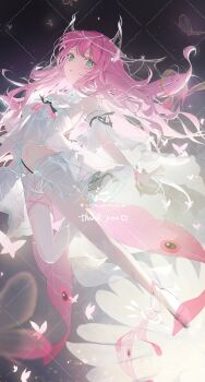 1girl absurdres bare_shoulders blue_eyes bug butterfly collar commentary_request commission cropped_shirt detached_collar floating_hair highres insect kamatoyu long_hair looking_at_viewer navel original pink_hair revealing_clothes shirt single_thighhigh skeb_commission solo strapless strapless_shirt thighhighs watermark white_collar white_shirt white_thighhighs