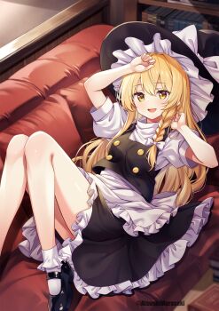 1girl :d apron ascot black_hat black_shoes black_skirt blonde_hair bobby_socks book bow commentary_request couch frilled_apron frilled_skirt frills hat hat_bow highres kirisame_marisa long_hair lying mary_janes murasaki_atsushi on_back on_couch open_mouth puffy_short_sleeves puffy_sleeves shirt shoes short_sleeves sidelocks skirt smile socks solo touhou turtleneck very_long_hair waist_apron white_apron white_shirt white_socks witch witch_hat yellow_ascot yellow_eyes
