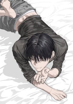 Rule 34 | 1boy, absurdres, barefoot, black hair, chamuring, closed mouth, commentary request, feet, from above, grey pants, han maru, highres, korean commentary, long sleeves, lying, male focus, male underwear, male underwear peek, on stomach, pants, short hair, sleeves pushed up, soles, solo, special civil servant, underwear, white male underwear