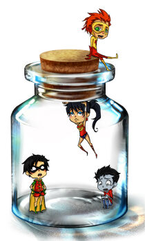 1girl 3boys ankle_lace-up aqua_lad aquaman_(series) batman_(series) black_hair blue_eyes blue_footwear bottle_meme_(pixiv) cape chibi dc_comics dick_grayson domino_mask donna_troy eye_mask flash_(series) flying garth gloves green_eyes green_footwear hands_on_own_hips highres in_container jar kid_flash leotard mask mini_person miniboy minigirl multiple_boys orange_hair ponytail red_gloves red_shirt robin_(dc) shirt shoes sitting teen_titans wally_west wonder_girl wonder_woman_(series)