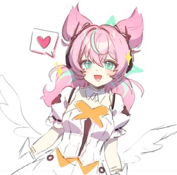 1girl :d angels_of_delusion aqua_hair aqua_streaks aria_(zenless_zone_zero) black_bow bow cowboy_shot dress green_eyes hair_between_eyes hair_bow heart highres kkochmanyeo long_hair looking_at_viewer multicolored_hair open_mouth pink_hair portrait simple_background smile solo streaked_hair white_background white_dress white_wings wings zenless_zone_zero