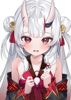 1girl absurdres bell black_kimono commentary_request crying crying_with_eyes_open double_bun fang frilled_sleeves frills gold_trim gradient_hair hair_bell hair_between_horns hair_bun hair_ornament highres hololive horns japanese_clothes jingle_bell kimono long_hair long_sleeves looking_at_viewer multicolored_hair nakiri_ayame nakiri_ayame_(1st_costume) off_shoulder ofuda oni open_mouth pom_pom_(clothes) red_eyes red_hair red_kimono red_streaks shuvi_(shuvi1125) simple_background skin-covered_horns skin_fang solo streaked_hair tassel tassel_hair_ornament tears two_side_up upper_body virtual_youtuber wavy_mouth white_background white_hair