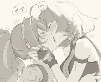 2girls absurdres bluhbold blush closed_eyes commentary ear_blush fingerless_gloves french_kiss gloves greyscale half-closed_eyes highres jacket jane_doe_(zenless_zone_zero) kiss long_hair monochrome multiple_girls ponytail shirt speech_bubble yuri zenless_zone_zero zhu_yuan