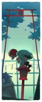 1girl absurdres all_fours amate_yuzuriha anhypnosis border chinese_commentary commentary_request full_body gundam gundam_gquuuuuux highres looking_at_viewer mouth_hold outdoors red_hair school_uniform shoes short_hair shrine skirt solo sweater torii white_border