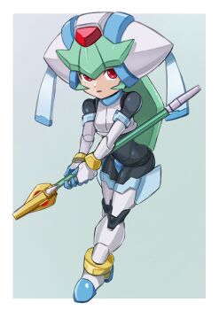 absurdres armor border crotch_plate forehead_jewel full_body green_hair grey_background helmet highres holding holding_staff kebab_(blackdoll) long_hair mega_man_(series) mega_man_zx model_w_(mega_man) pandora_(mega_man) red_eyes simple_background staff white_armor white_border white_helmet