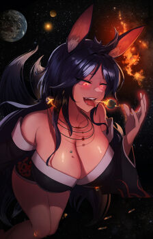 Rule 34 | 1girl, :d, absurdres, animal ear fluff, animal ears, bare shoulders, barefoot, black hair, black kimono, blush, breasts, breath weapon, breathing fire, check copyright, cleavage, collarbone, commentary, copyright request, destruction, detached sleeves, earth (planet), fangs, fire, floating, foot out of frame, fox ears, fox girl, fox tail, fur-tipped tail, giant, giantess, glowing, glowing eyes, hand up, highres, huge breasts, japanese clothes, kimono, kitsune, kkasi00, korean commentary, long hair, long sleeves, moon, multiple tails, off shoulder, open mouth, original, parted bangs, planet, red eyes, short kimono, smile, solo, space, spacecraft, tail, tongue, tongue out, wide sleeves