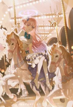 1girl absurdres angel_wings blue_archive blush carousel dress feathered_wings gradient_hair hair_bun hair_ornament hair_scrunchie halo highres long_hair looking_at_viewer mika_(blue_archive) multicolored_hair pink_hair pink_halo purple_hair scrunchie single_side_bun sitting star_(symbol) very_long_hair white_dress white_wings wings yellow_eyes yuke_(sowon5612)