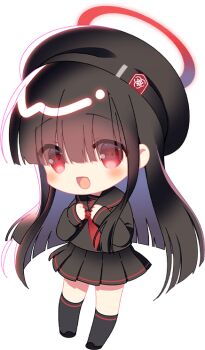 1girl black_hair black_serafuku black_skirt black_socks blue_archive chibi full_body halo justice_task_force_member_(blue_archive) long_hair official_art red_halo school_uniform serafuku skirt smile socks solo standing straight_hair