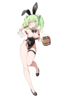 1girl absurdres animal_ears black_leotard bow bowtie breasts detached_collar full_body green_hair highres holding large_breasts leotard playboy_bunny rabbit_ears rabbit_tail ramube simple_background solo stellive tail twintails virtual_youtuber white_background yuzuha_riko