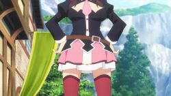 2girls animated anime_screenshot annoyed bandages brown_hair cape day kono_subarashii_sekai_ni_bakuen_wo! kono_subarashii_sekai_ni_shukufuku_wo! legs megumin mountain multiple_girls panties red_eyes rolling skirt subtitled tagme underwear video yunyun_(konosuba)