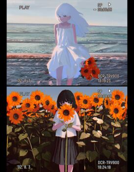 2girls beach black_eyes black_hair black_skirt collared_shirt covering_face cowboy_shot dated dress field flower flower_field highres holding holding_flower long_hair multiple_girls original pleated_skirt shirt short_hair sideways skirt sunflower sunflower_field timestamp utwob0 viewfinder white_dress white_hair white_shirt