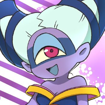 1girl abstract_background bare_shoulders blanketdrawing colored_skin fuumin_(youkai_watch) hair_horns looking_at_viewer one-eyed open_mouth pink_eyes pointy_ears purple_skin solo upper_body white_hair youkai_(youkai_watch) youkai_watch