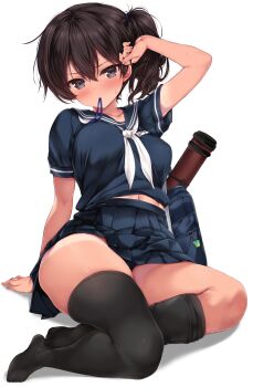 1girl arm_support arm_up asymmetrical_legwear bag black_eyes black_hair black_sailor_collar black_serafuku black_skirt black_thighhighs blush breasts commentary_request hair_between_eyes highres kaga_(kancolle) kantai_collection large_breasts looking_at_viewer midriff_peek mouth_hold navel nijimoto_hirok sailor_collar sailor_shirt school_bag school_uniform serafuku shirt short_sleeves side_ponytail simple_background sitting skindentation skirt solo sweat tan tanline thick_thighs thighhighs thighs white_background yokozuwari