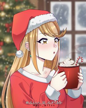Rule 34 | 1girl, blonde hair, blurry, blurry background, christmas, christmas tree, collarbone, cup, earrings, hat, holding, holding cup, indoors, jewelry, long hair, maii artss, mythra (xenoblade), red hat, solo, upper body, xenoblade chronicles (series), xenoblade chronicles 2
