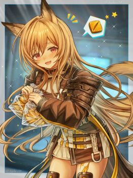 1girl 3_(sanyako1) :d ^^^ absurdres ahoge animal_ears arknights bag belt_collar black_collar blonde_hair border brown_dress ceobe_(arknights) collar commentary_request dog_ears dog_girl dog_tail dot_nose dress fang food hair_intakes highres holding holding_bag holding_food indoors infection_monitor_(arknights) leaning_forward light_blush long_hair looking_at_viewer material_growth open_mouth oripathy_lesion_(arknights) outside_border partial_commentary plastic_bag red_eyes short_dress skin_fang smile solo sparkle spoken_object star_(symbol) tail thighs twitter_username white_border