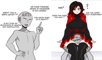 1girl 2boys ? absurdres clothes_lift english_text head_between_thighs head_under_skirt highres kinathefox multiple_boys ruby_rose rwby scissorhold sitting skirt skirt_lift thick_thighs thighhighs thighs wide_hips