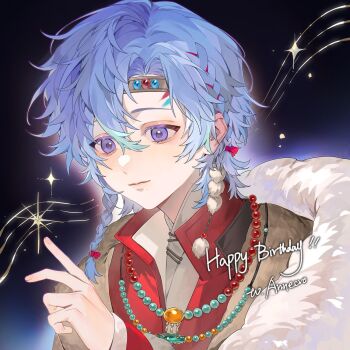 1boy bead_necklace beads blue_hair bow braid character_name closed_mouth coat dougla eyelashes fur-trimmed_coat fur_trim happy_birthday headband highres jewelry light_smile lips long_hair looking_at_object male_focus mongolian_clothes necklace original purple_eyes red_bow solo sparkle square upper_body