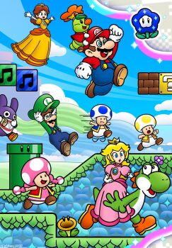 ?_block block_(object) blonde_hair blue_eyes brown_hair caterpillar dinosaur dress facial_hair flower gloves hat highres industrial_pipe jumping luigi mario mario_(series) mountain mustache nabbit nintendo overalls prince_florian princess princess_daisy princess_peach rabbit riding rukisan_1117 running shirt super_mario_bros._wonder talking_flower_(mario) toad_(mario) toadette wonder_flower yoshi