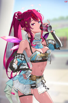 1girl absurdres armpits asymmetrical_wings bandeau belt black_belt black_choker blue_eyes blue_eyeshadow blurry blurry_background breasts can chain checkered_print chest_strap choker cleavage clothes_down clothes_writing commentary cowboy_shot cropped_jacket crystal_wings detached_wings double-parted_bangs double_halo drinking eyeshadow facial_mark fingerless_gloves gbk43023471 gloves hair_between_eyes hair_ornament halo hand_up hat heart heart_facial_mark heterochromia high_ponytail highres holding holding_can hololive hololive_english horns irys_(hololive) irys_(race_queenrys)_(hololive) jacket jacket_partially_removed large_breasts long_hair long_sleeves makeup midriff miniskirt mismatched_wings multicolored_hair nail_polish navel official_alternate_costume official_alternate_hairstyle pinky_out pleated_skirt pointy_ears ponytail purple_eyes purple_hair purple_wings race_queen red_hair shorts shorts_under_skirt sidelocks skirt star_(symbol) star_hair_ornament star_halo streaked_hair thigh_strap two-tone_wings unworn_hat unworn_headwear virtual_youtuber visor_cap white_gloves white_shorts wings