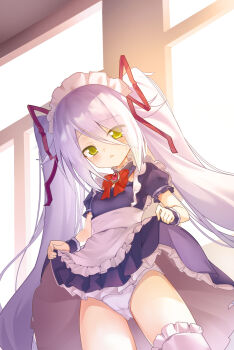 1girl absurdres alternate_costume alternate_hairstyle apron black_dress black_wrist_cuffs blush bow bowtie brooch chinese_commentary clothes_lift commentary_request cowboy_shot detached_collar dress dress_lift enmaided eyes_visible_through_hair frilled_apron frilled_dress frilled_sleeves frilled_thighhighs frilled_wrist_cuffs frills from_below furrowed_brow hair_between_eyes hair_ribbon highres hoshizora_no_memoria indoors jewelry lifting_own_clothes long_hair looking_at_viewer maid maid_apron maid_headdress mare_s._ephemeral muchun_(2571268436) open_mouth panties puffy_short_sleeves puffy_sleeves red_bow red_bowtie red_ribbon ribbon short_sleeves sidelocks slit_pupils solo sweatdrop thighhighs thighs twintails underwear very_long_hair white_apron white_panties white_thighhighs window wrist_cuffs yellow_eyes