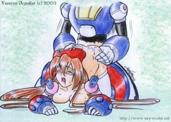 brown_hair capcom clothed_sex cum doggystyle dynamo_(mega_man) forced hat iris_(mega_man) open_mouth mega_man_(series) mega_man_x_(series) mega_man_x4 sex sex_from_behind tears text_focus watermark